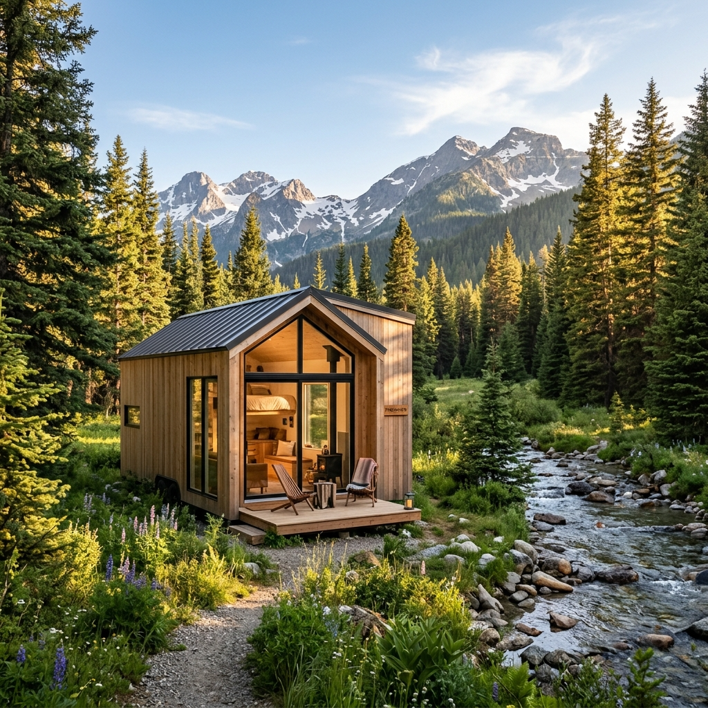 Tiny house in a scenic mountain setting with trees and a stream.