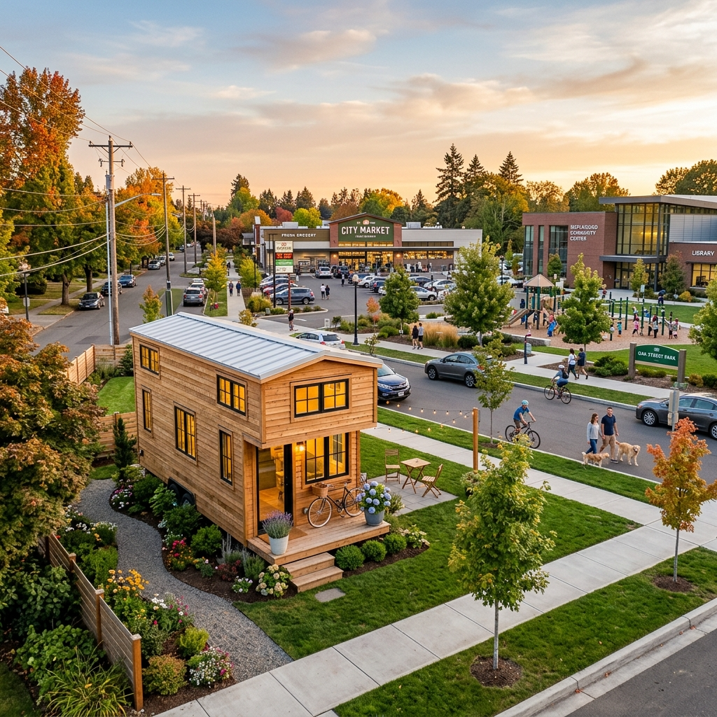 Tiny house in suburban area near amenities like parks and stores.