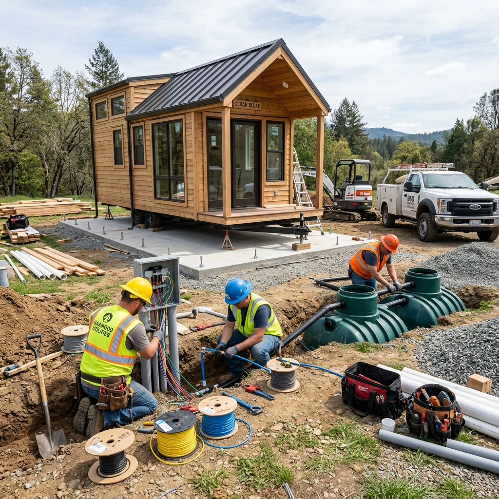 Tiny house installation with workers connecting utilities and setting up a septic system.