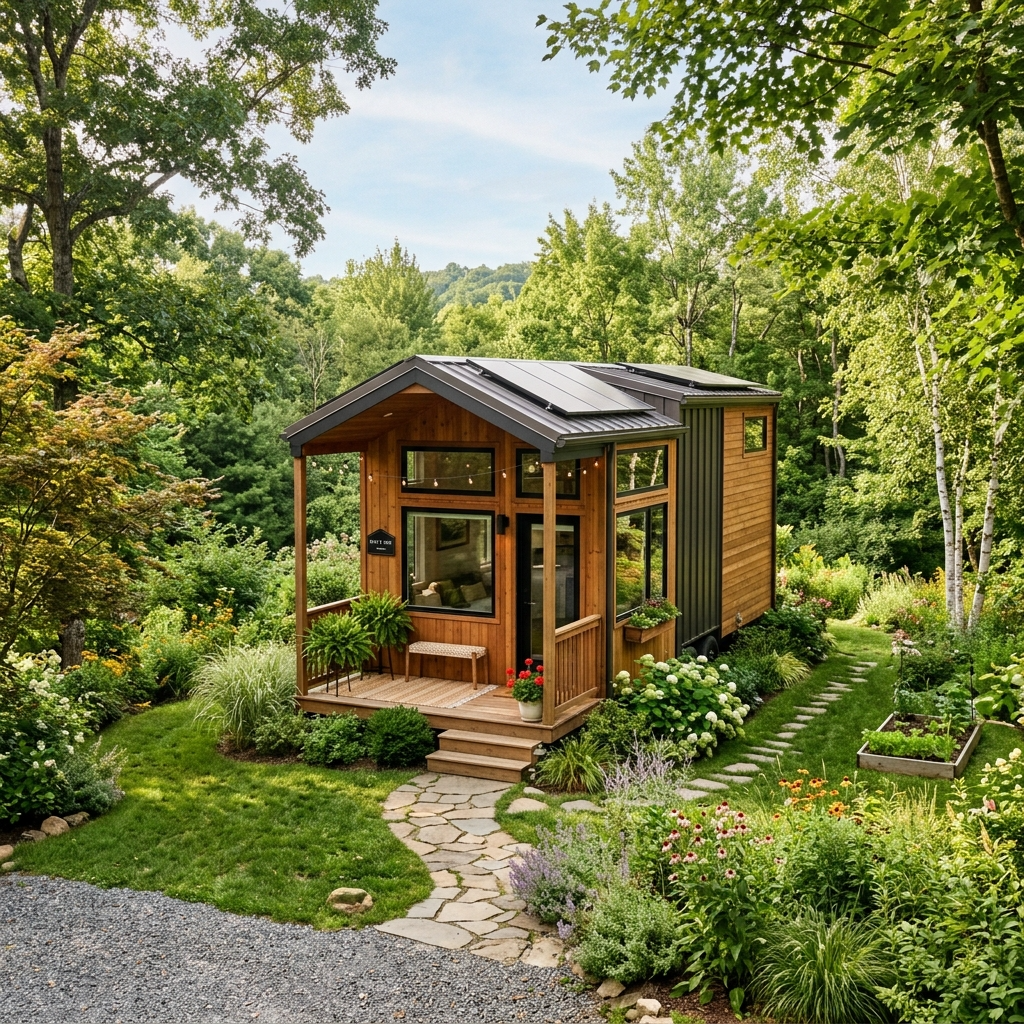 Tiny house installed on land surrounded by greenery, symbolizing successful tiny living.