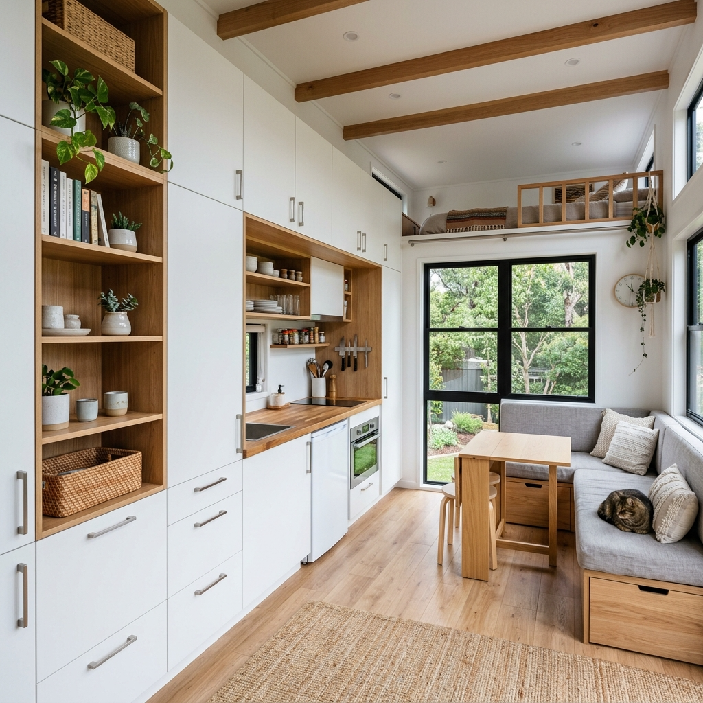 Tiny house interior with built-in storage solutions and minimalist design.