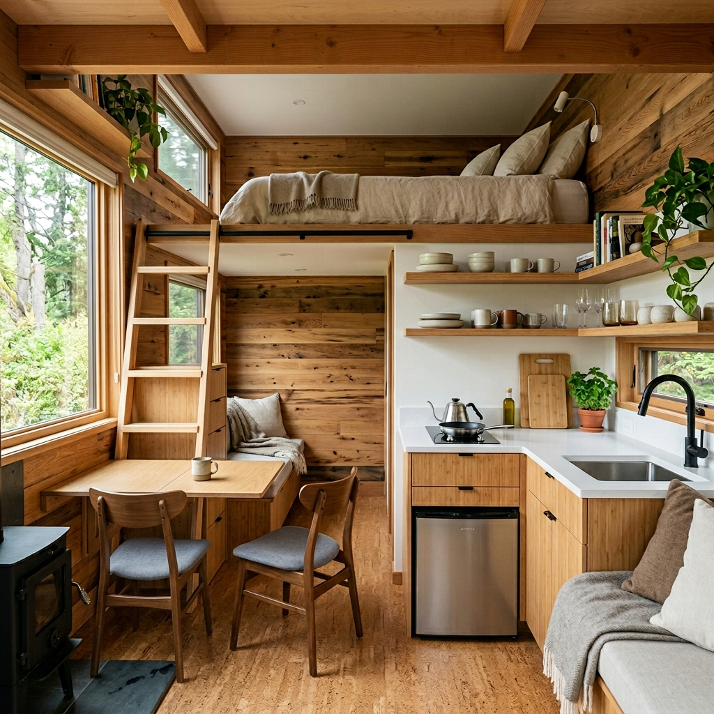 Tiny house interior with compact kitchen, lofted bed, and eco-friendly materials.