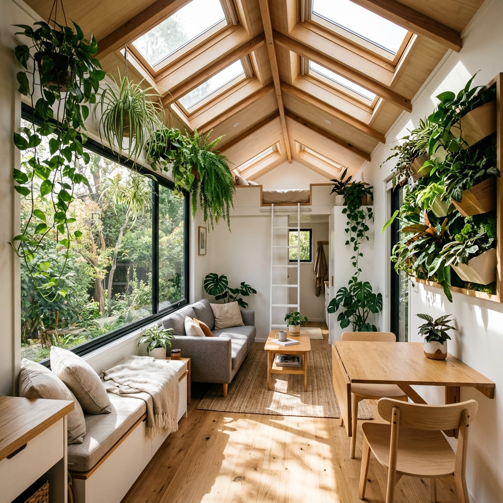 Tiny house interior with large windows, skylights, and hanging plants for natural light and greenery.