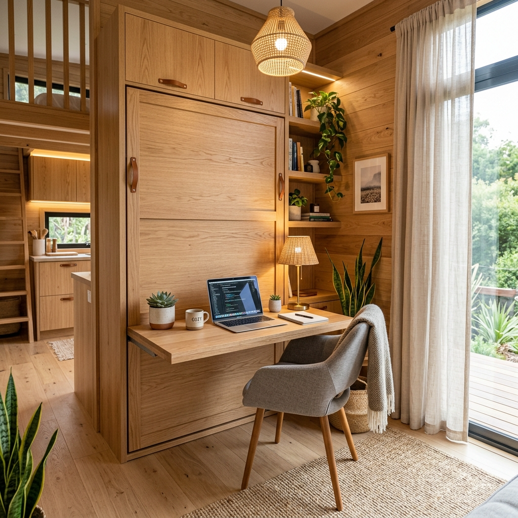 Tiny house interior with Murphy bed folded into wall, creating a home office space.