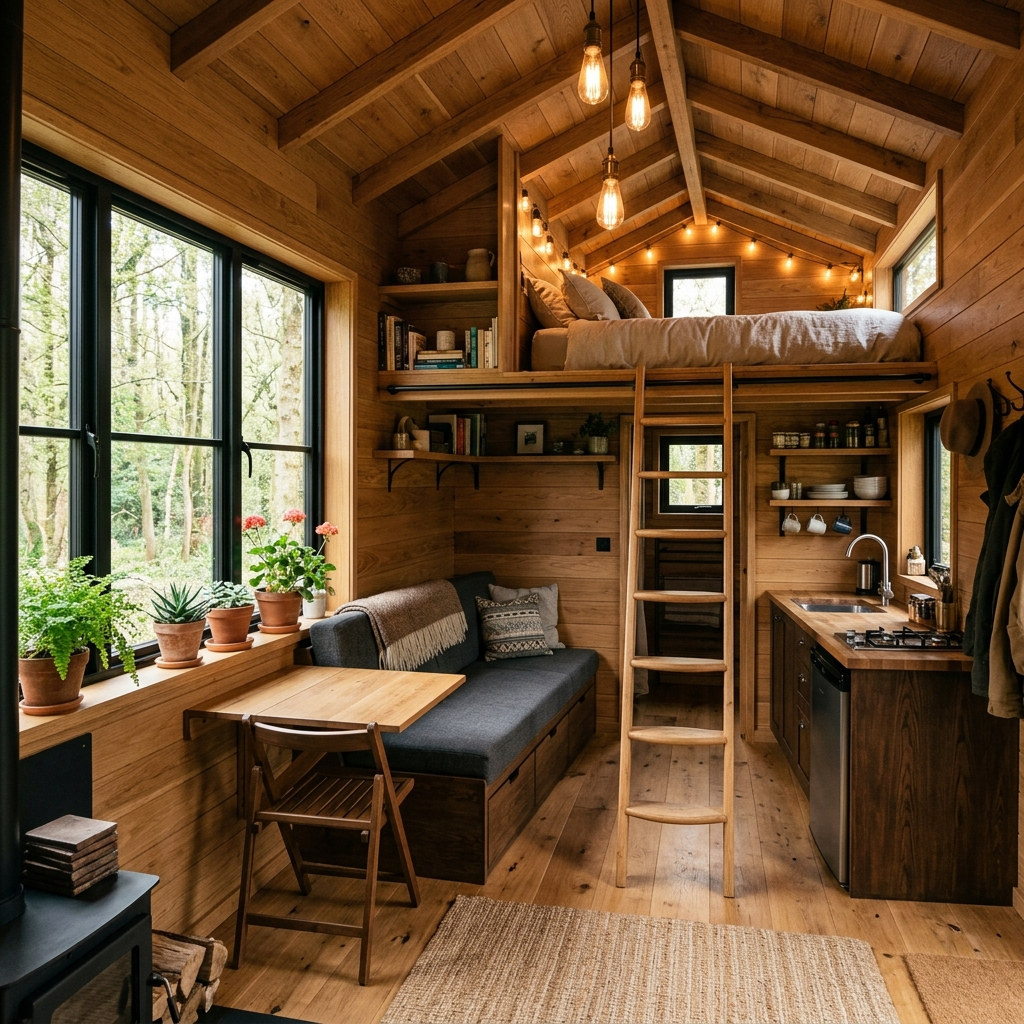 Tiny house interior with natural wood, loft bed, and space-saving furniture, showcasing minimalist living.