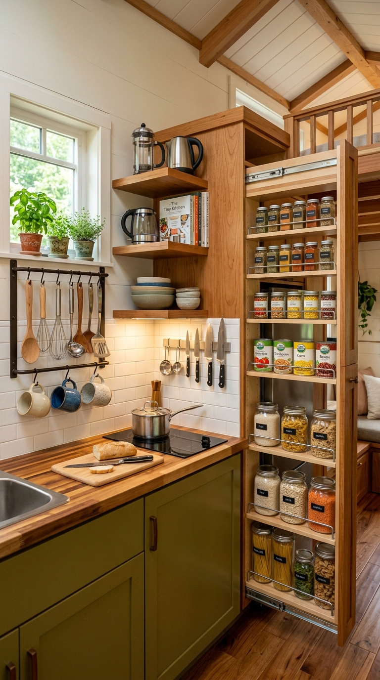 Tiny house kitchen with pull-out pantry shelves and wall-mounted utensil racks.