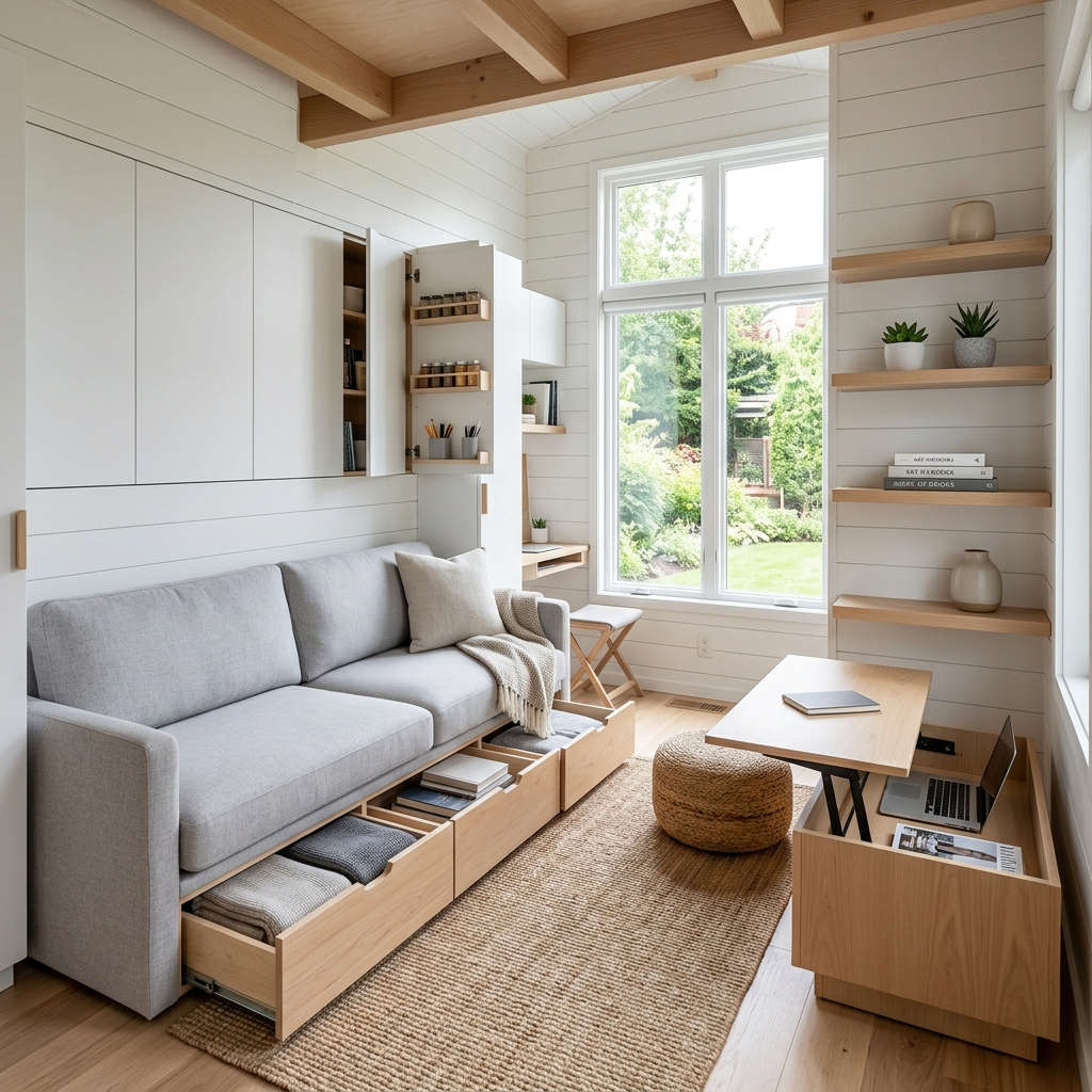 Tiny house living room with built-in storage under seats and hidden wall cabinets.