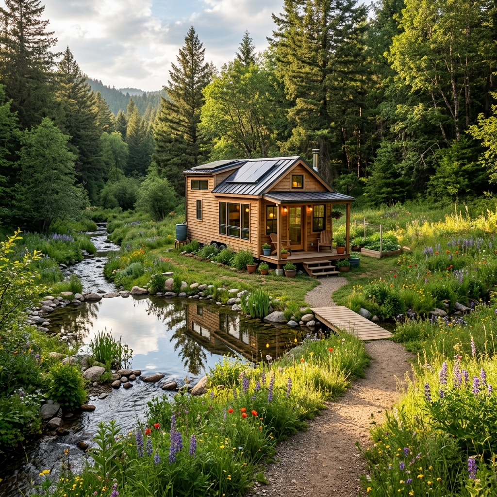 Tiny house near a water source with clear access path, highlighting land rights considerations.