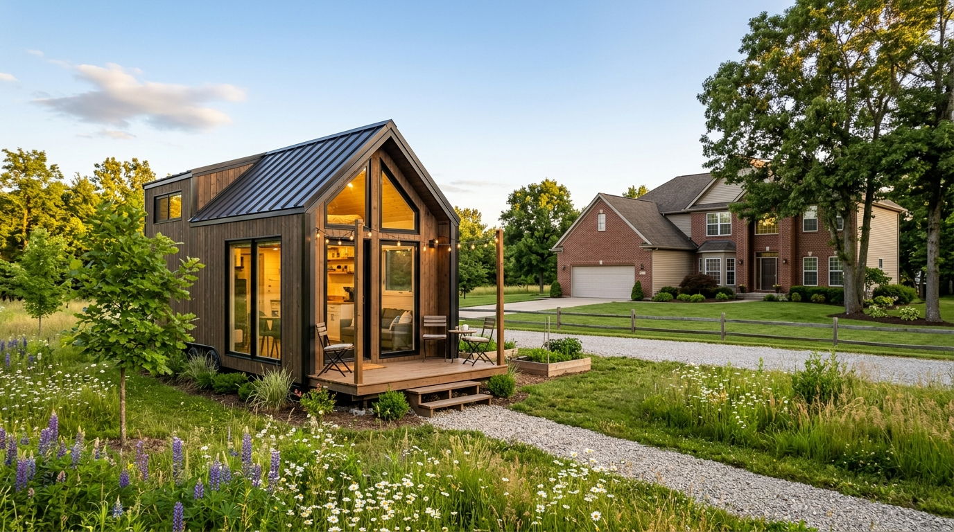 Tiny house next to a traditional home showing size comparison on separate plots.