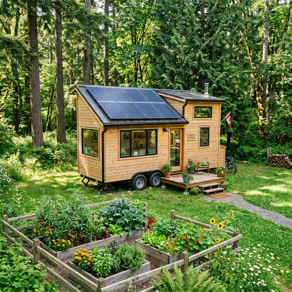 Tiny house on a green plot with solar panels and garden, showcasing sustainable living.
