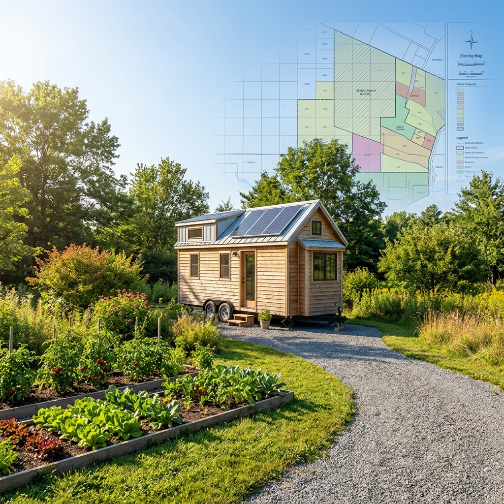 Tiny house on a green plot with zoning map overlays and solar panels.