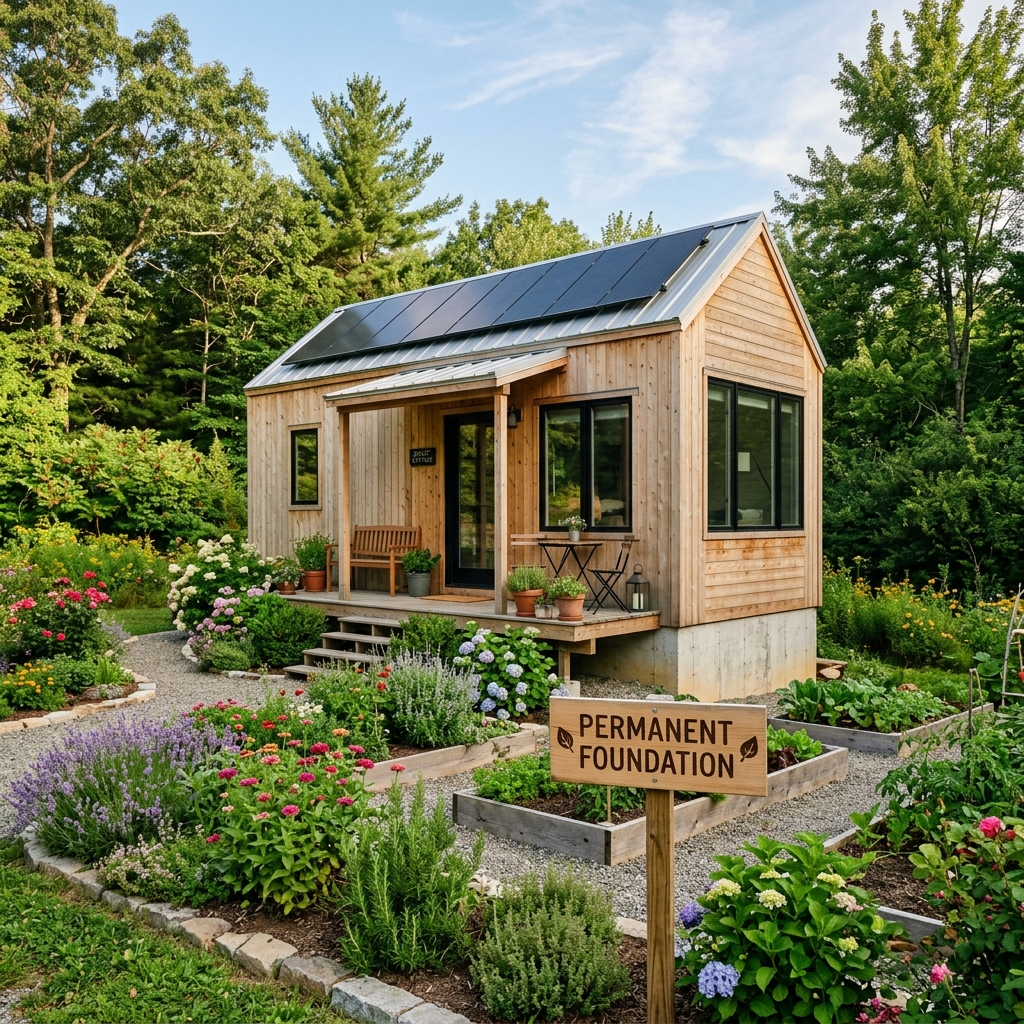 Tiny house on a permanent foundation with garden and solar panels.