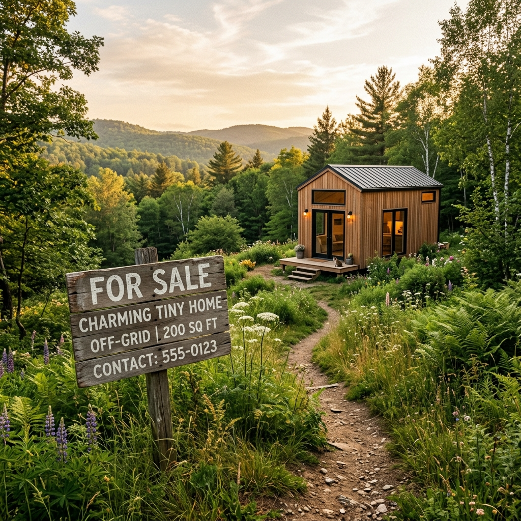 Tiny house on a plot of land with a 'For Sale' sign, highlighting land challenges.