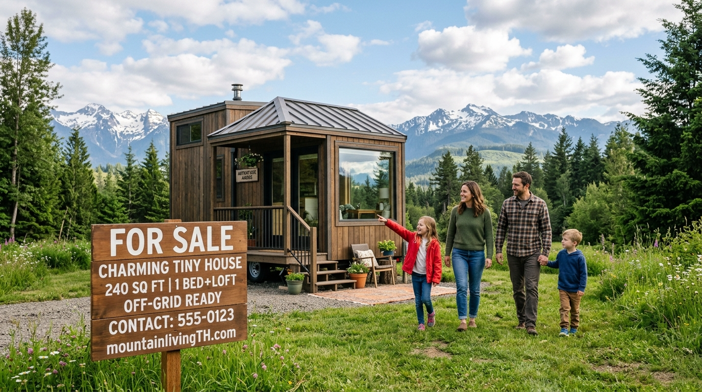 Tiny house on a plot of land with a 'For Sale' sign and scenic mountain backdrop.