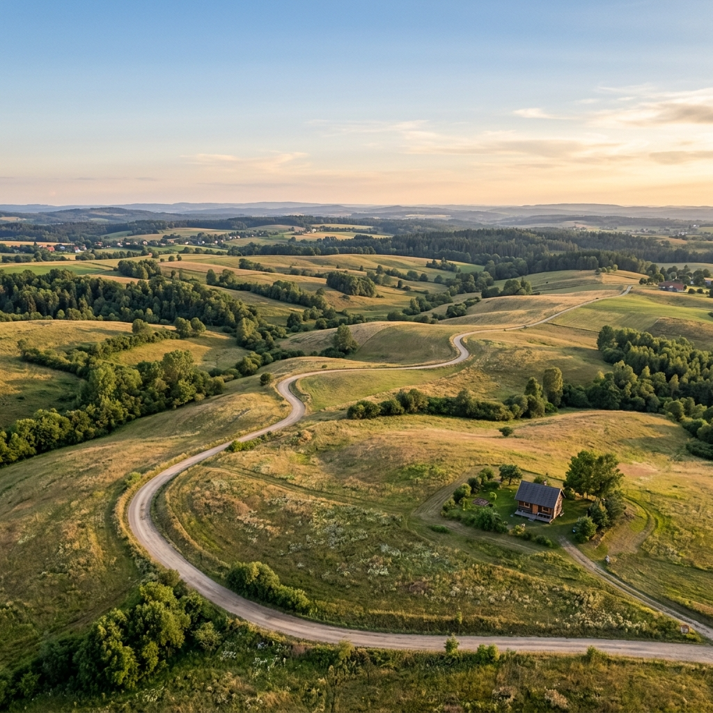 Tiny house on a rural plot with rolling hills and a dirt road, showcasing natural living.