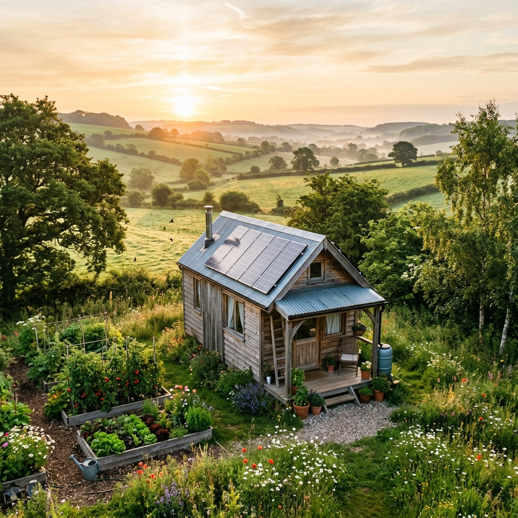 Tiny house on a rural property surrounded by open fields and solar panels.