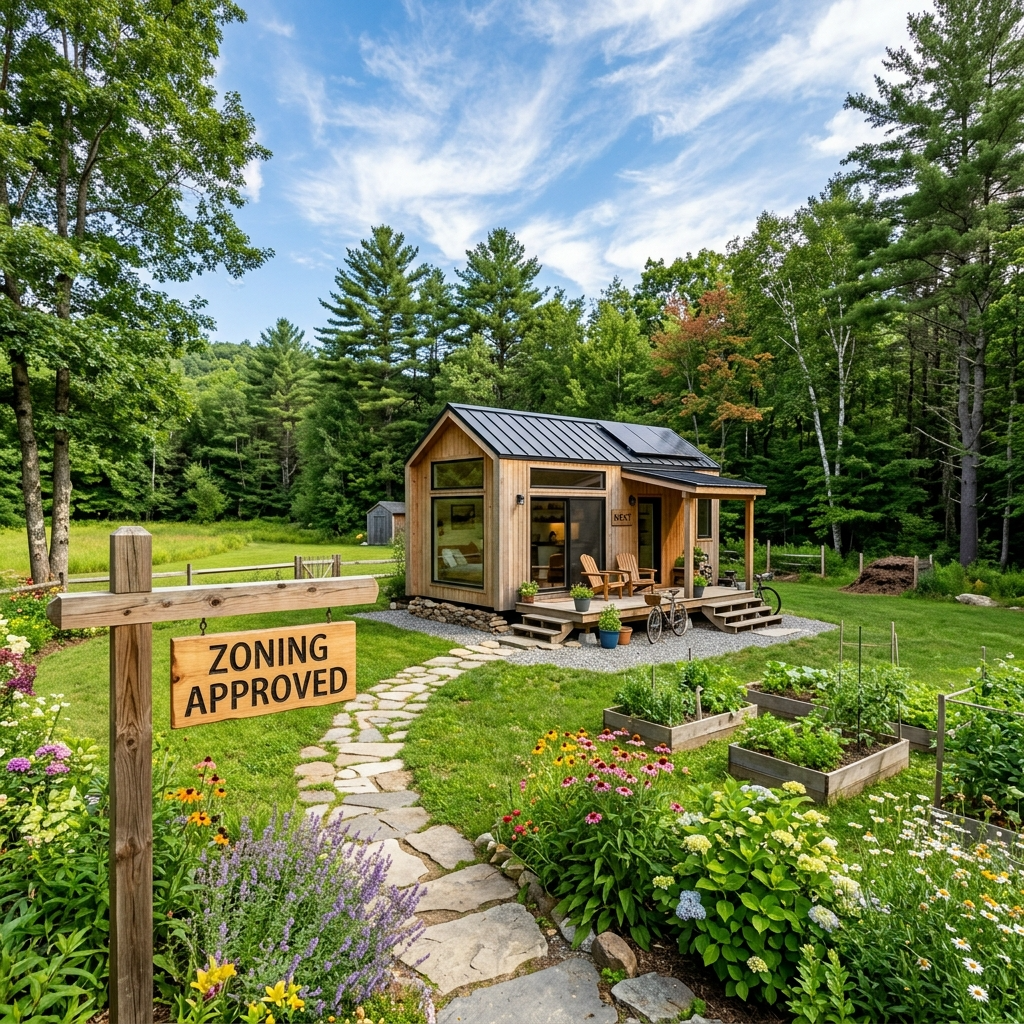 Tiny house on a spacious plot with zoning approval sign, surrounded by nature.