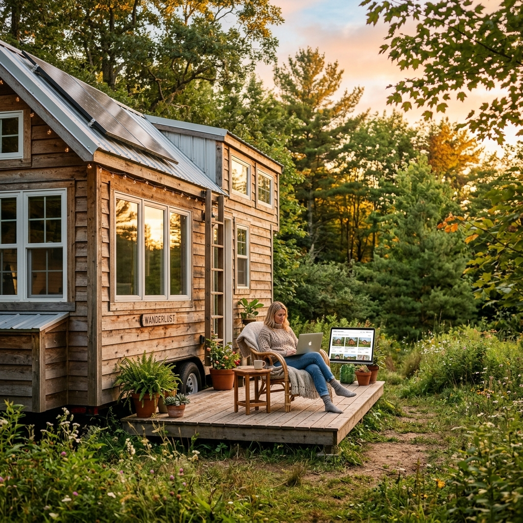 Tiny house on a wooded plot with person browsing land rental websites.