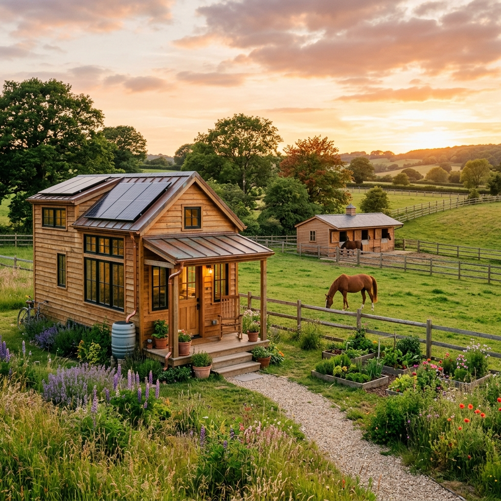 Tiny house on equestrian land with open pastures and a small stable.
