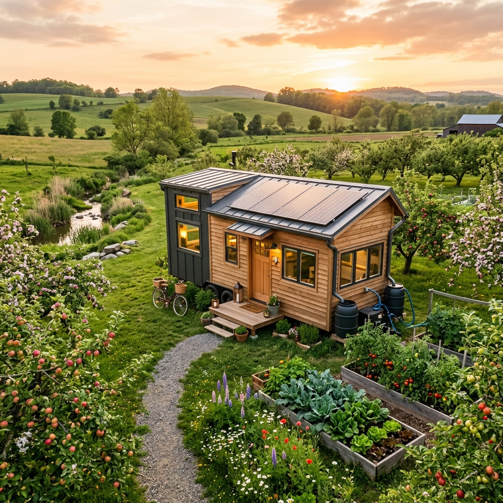 Tiny house on farmland with fruit trees and solar panels for sustainable living.