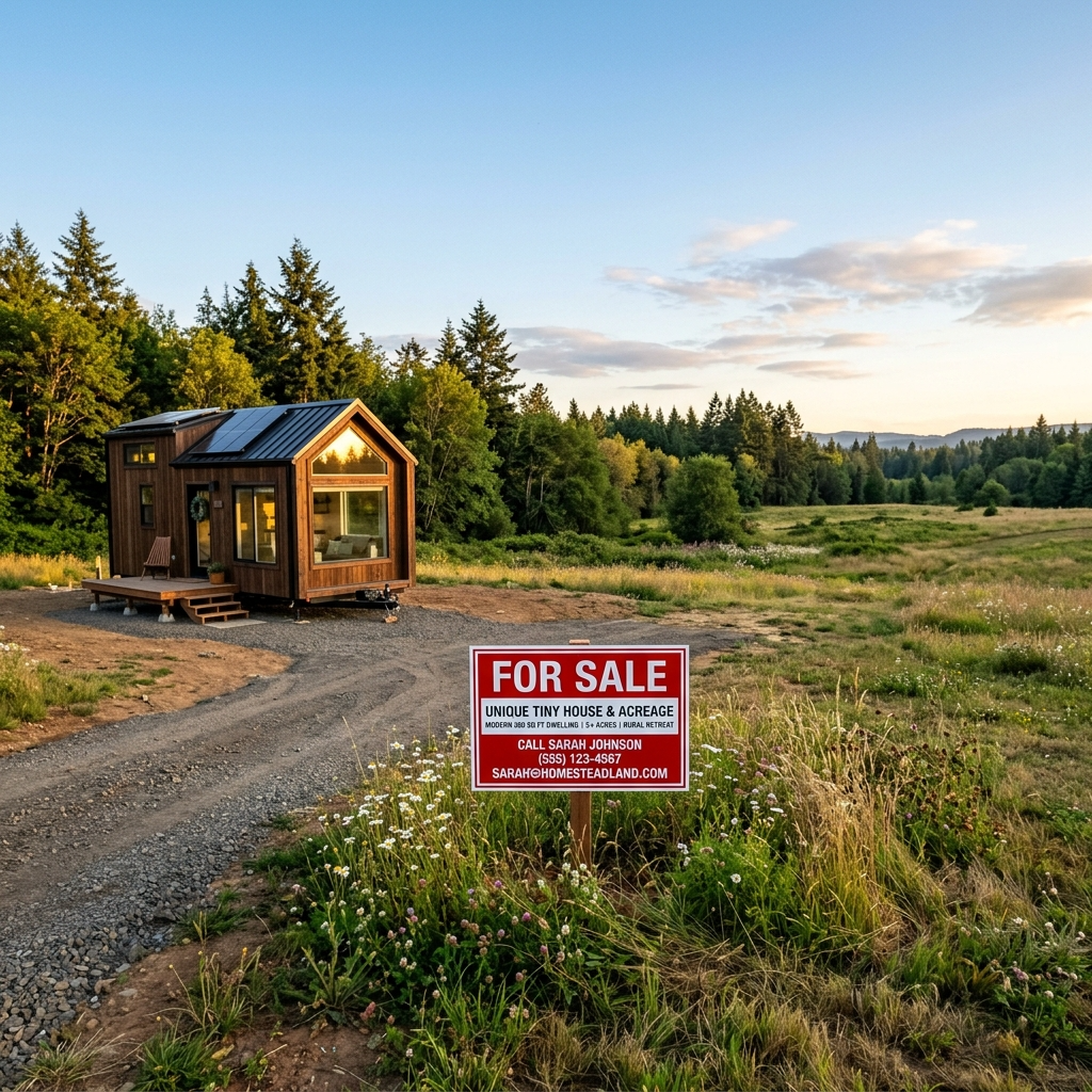 Tiny house on land with a 'For Sale' sign, highlighting land purchase for tiny living.