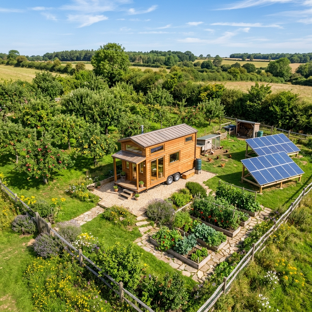 Tiny house on land with fruit trees and solar panels for off-grid living.