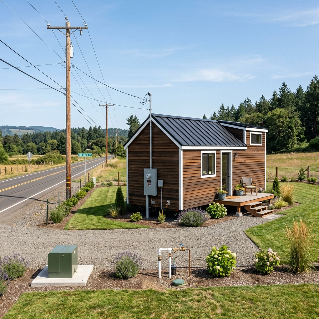 Tiny house on land with road access and visible utility connections.
