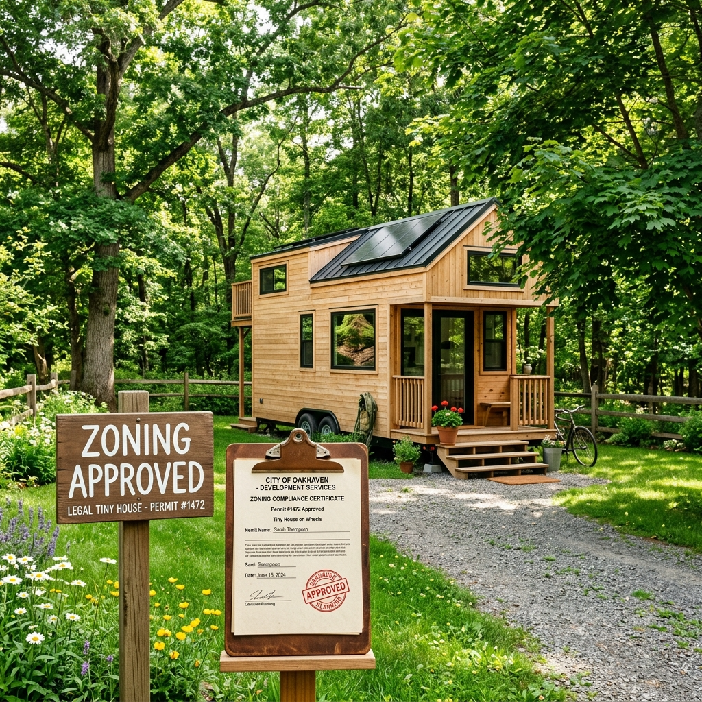 Tiny house on land with zoning approval sign and clipboard showing compliance documents.