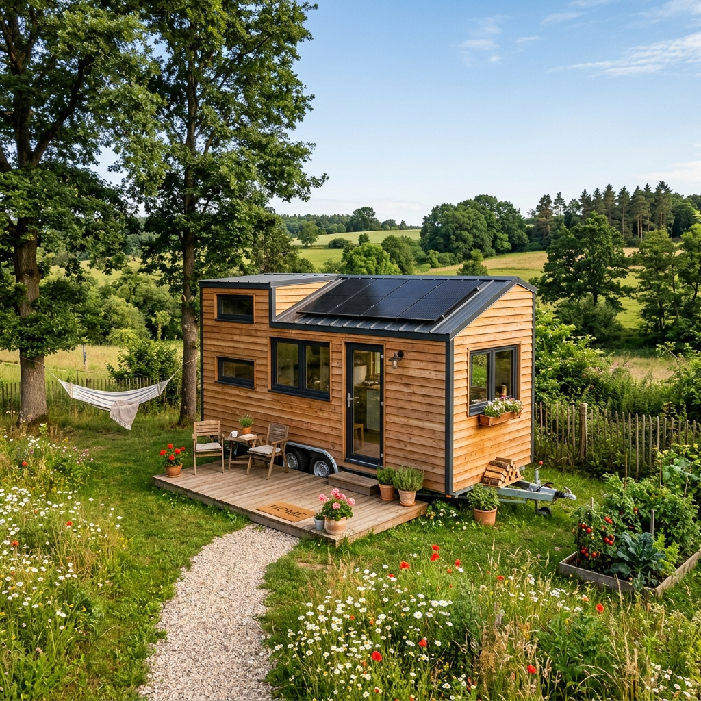 Tiny house on rented land surrounded by greenery and solar panels in a countryside setting.