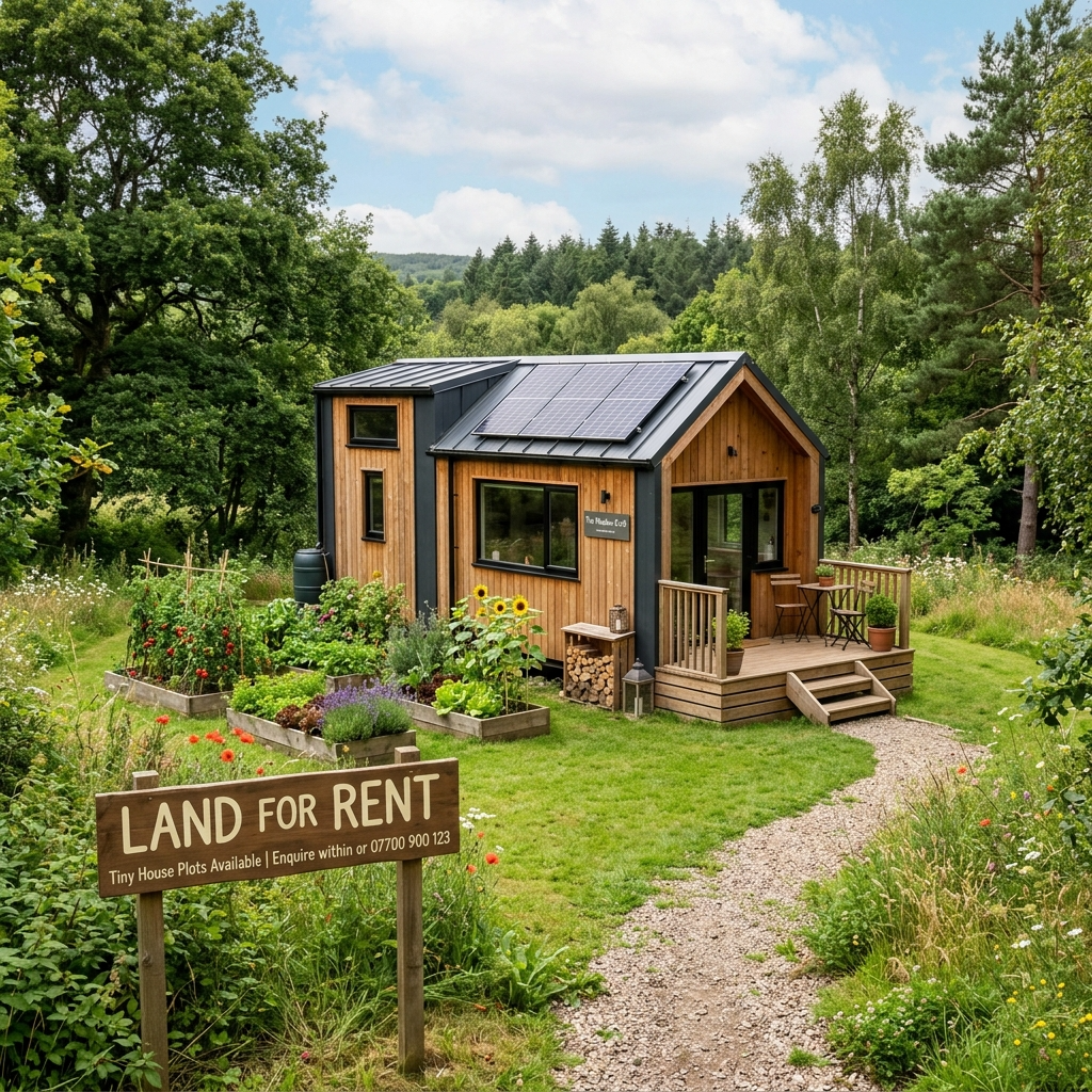 Tiny house on rented land surrounded by greenery with a 'Land for Rent' sign.