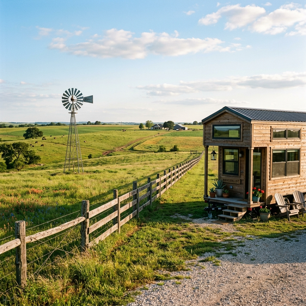Tiny house on repurposed farmland in Texas with a windmill and fence.