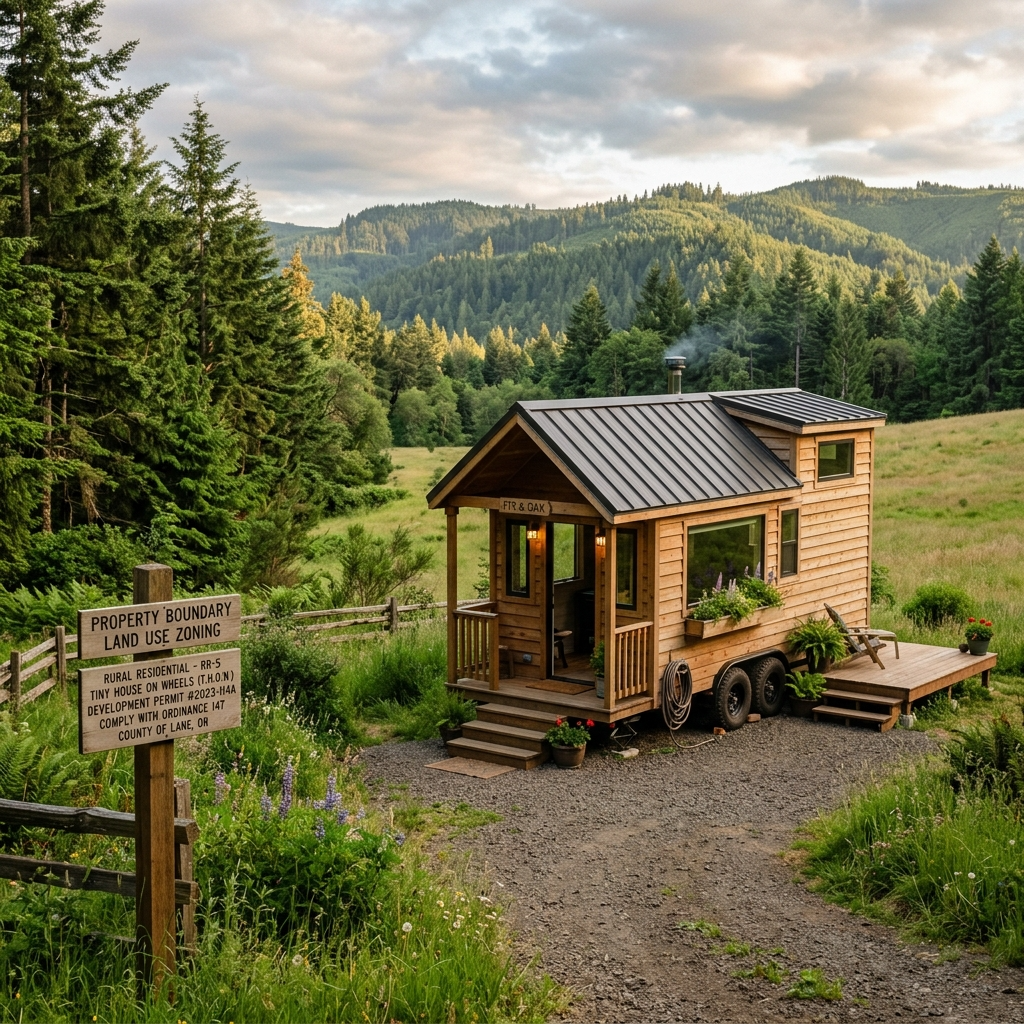 Tiny house on rural land in Oregon with zoning law signs nearby.