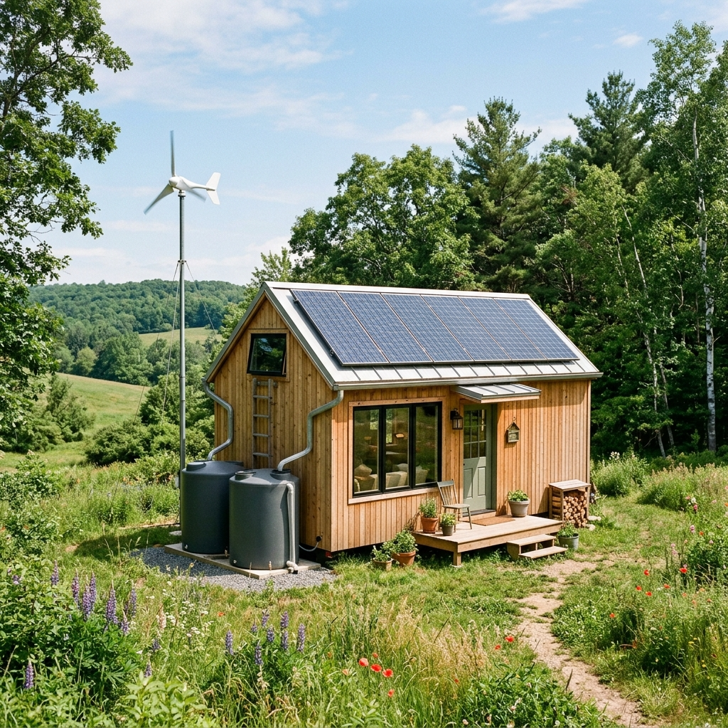 Tiny house on rural land with off-grid systems like solar panels and rainwater collection.