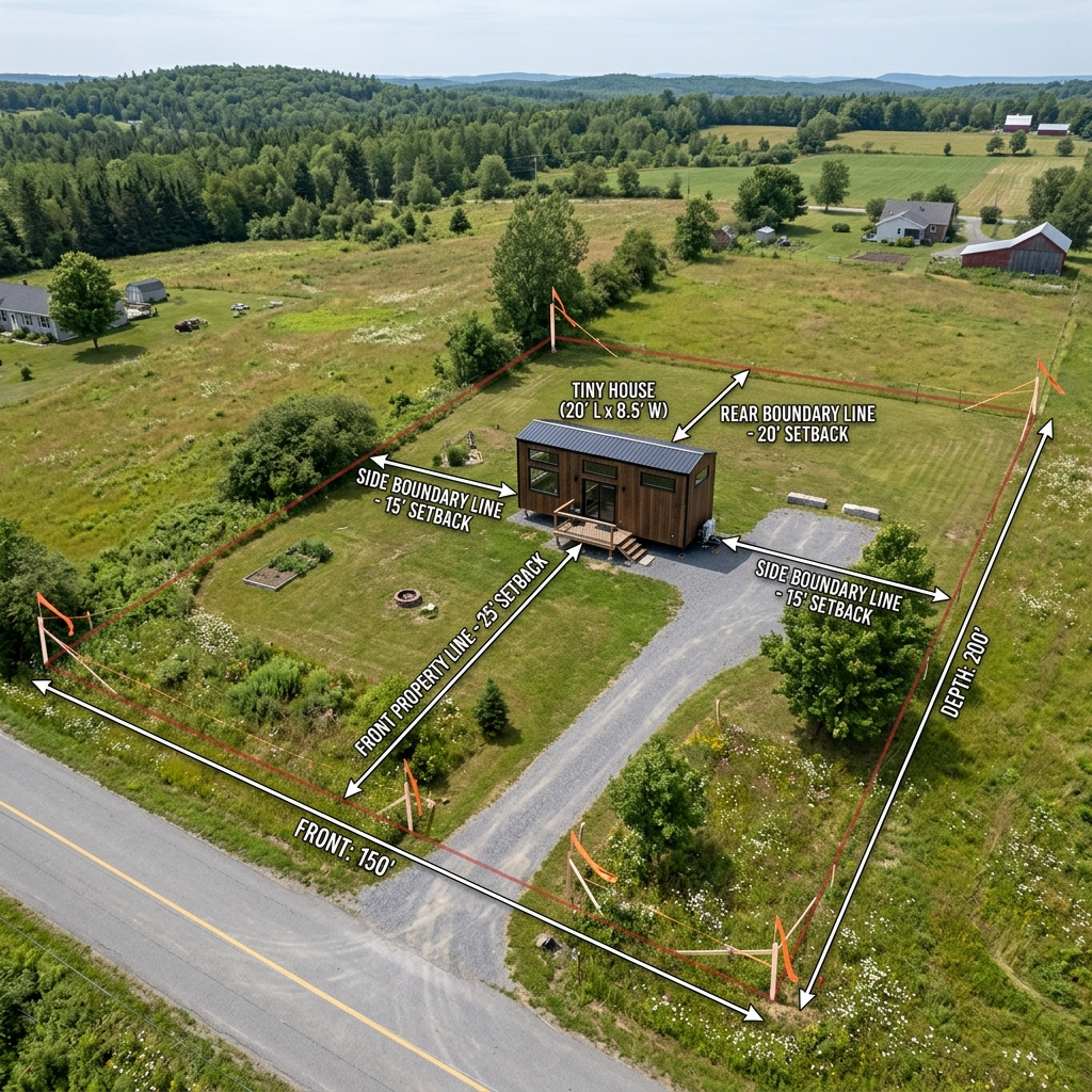 Tiny house on rural land with setbacks marked for zoning compliance.