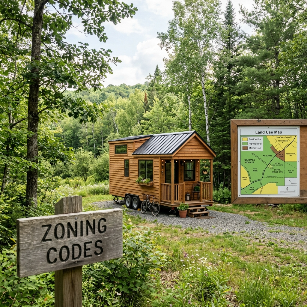 Tiny house on wheels in a rural area with zoning signpost and map.