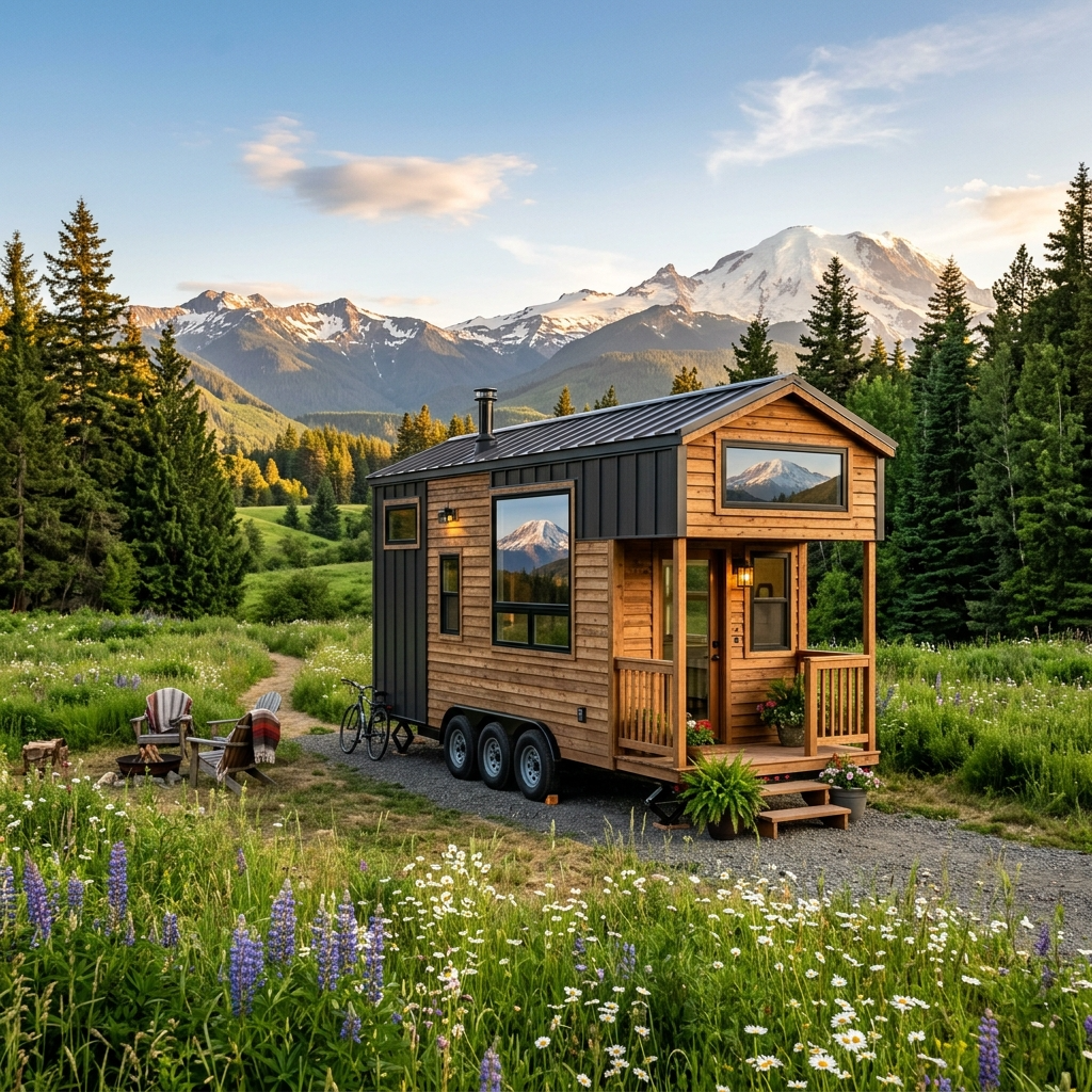 Tiny house on wheels in a scenic rural area showcasing mobility and freedom.