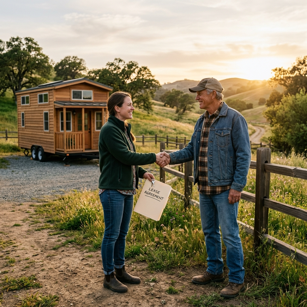 Tiny house owner shaking hands with landowner near a rural property.
