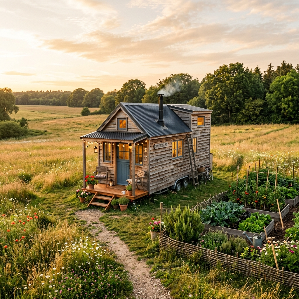 Tiny house parked in a rural area with open fields and a vegetable garden.