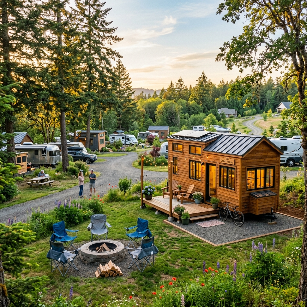 Tiny house parked in a scenic RV park with trees and a fire pit.