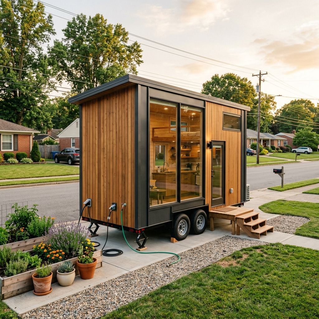 Tiny house parked in a suburban neighborhood with utility hookups and nearby houses.