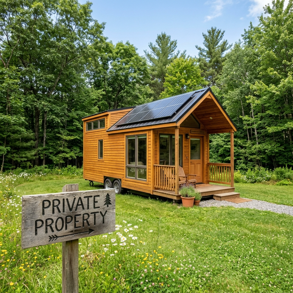 Tiny house parked on private land with a wooden sign and solar panels visible.