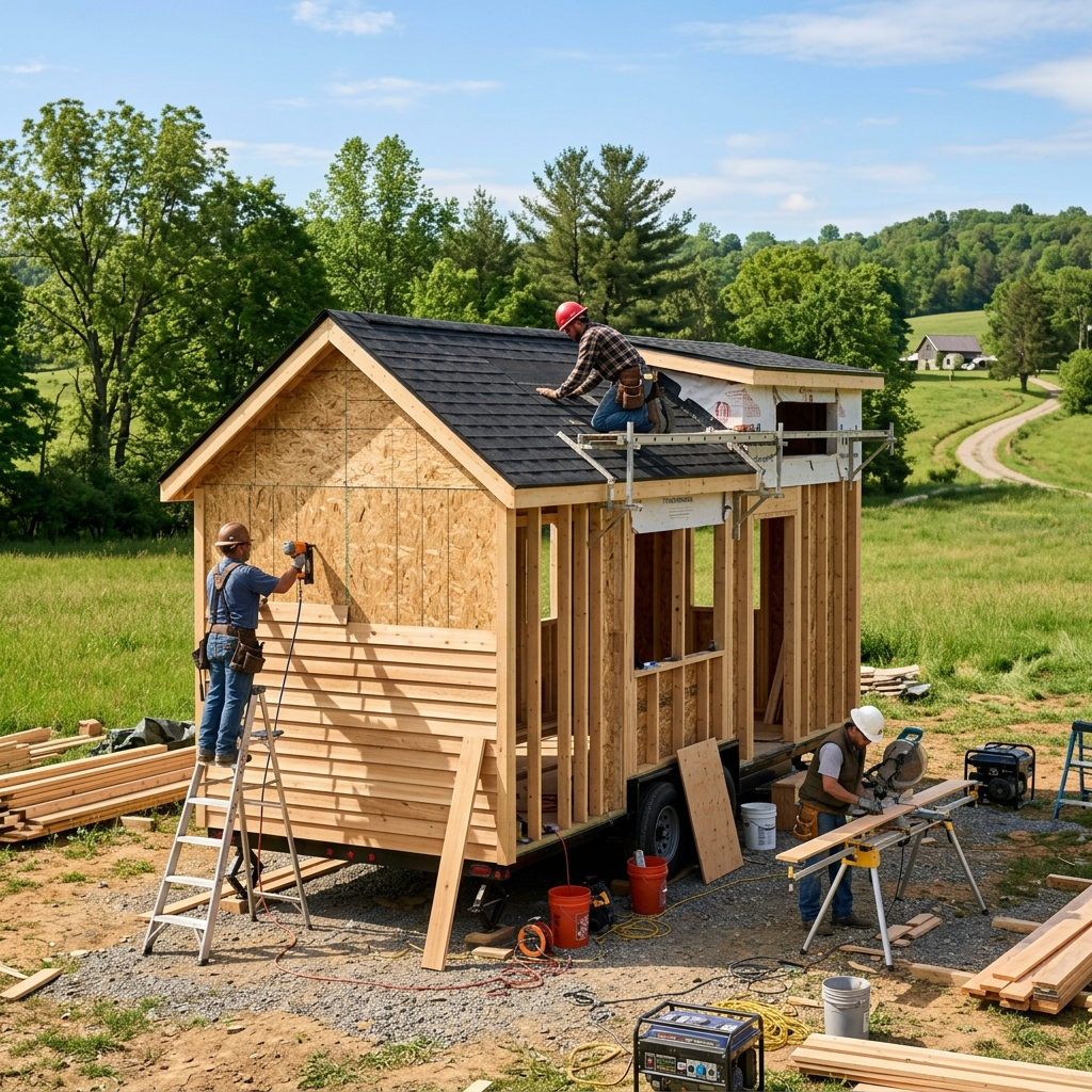 Tiny house shell construction with siding and roofing being installed.
