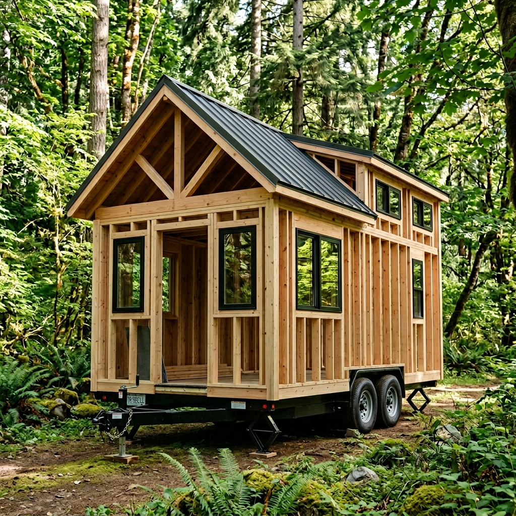 Tiny house shell on a trailer with exterior walls and roofing in a forest setting.