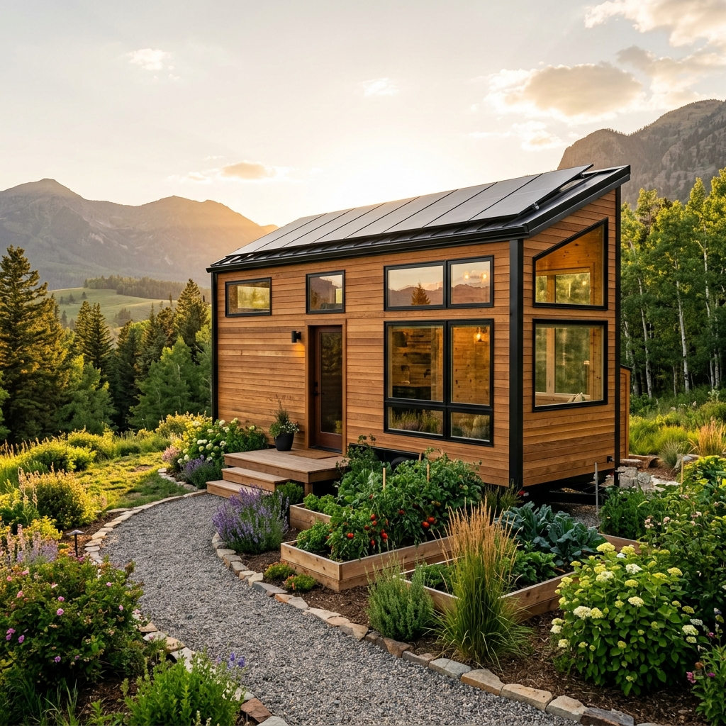 Tiny house shell with solar panels and a garden in a green setting.