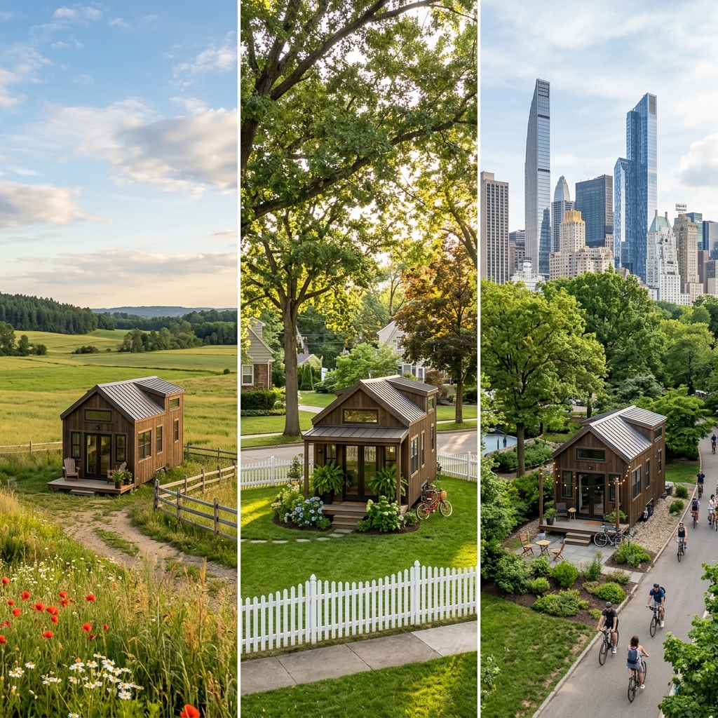 Tiny house shown in rural, suburban, and urban settings for comparison.