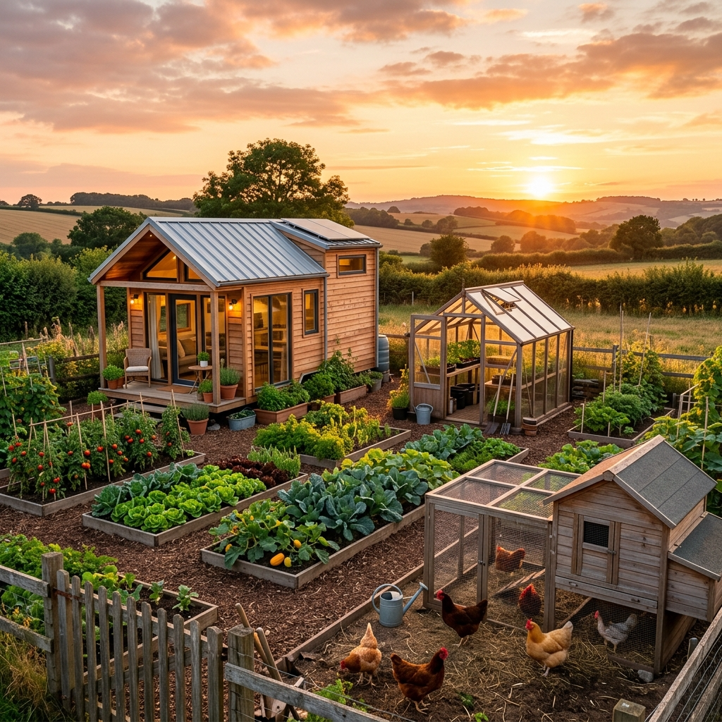 Tiny house surrounded by crops, greenhouse, and chicken coop on farmland.