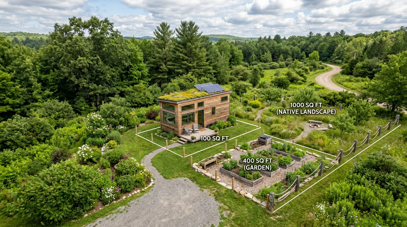 Tiny house surrounded by greenery with land sizes marked for comparison.