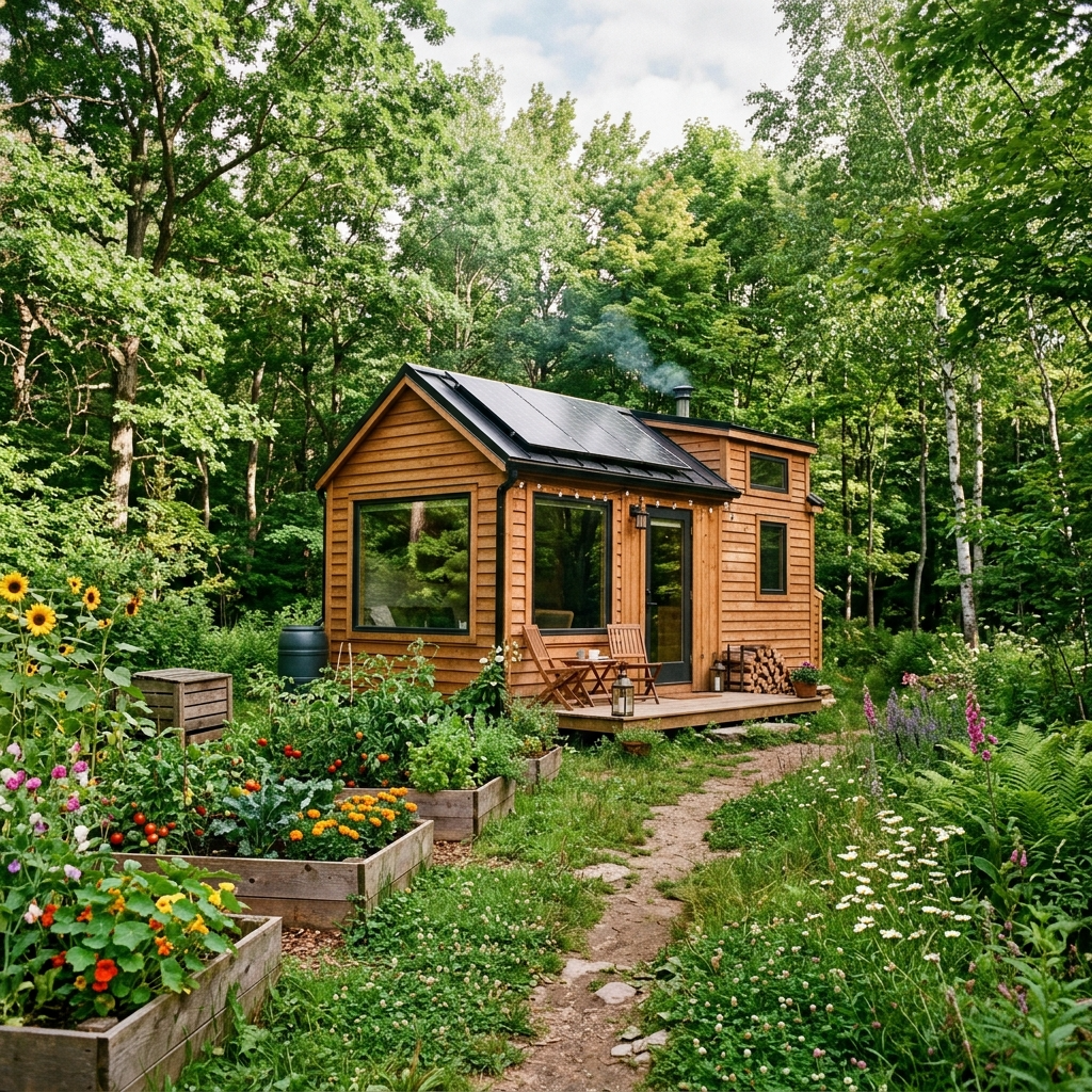 Tiny house surrounded by nature with solar panels and garden, showcasing sustainable living.