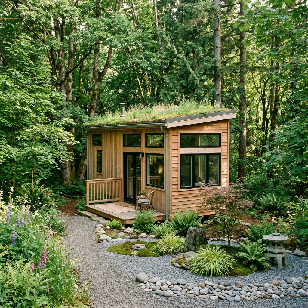 Tiny house surrounded by trees, representing minimalist and eco-friendly living.