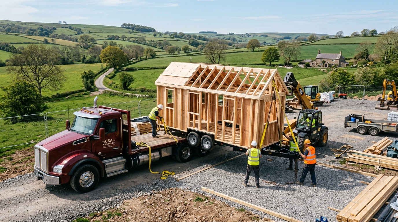Tiny house trailer being delivered to a construction site in a countryside setting.